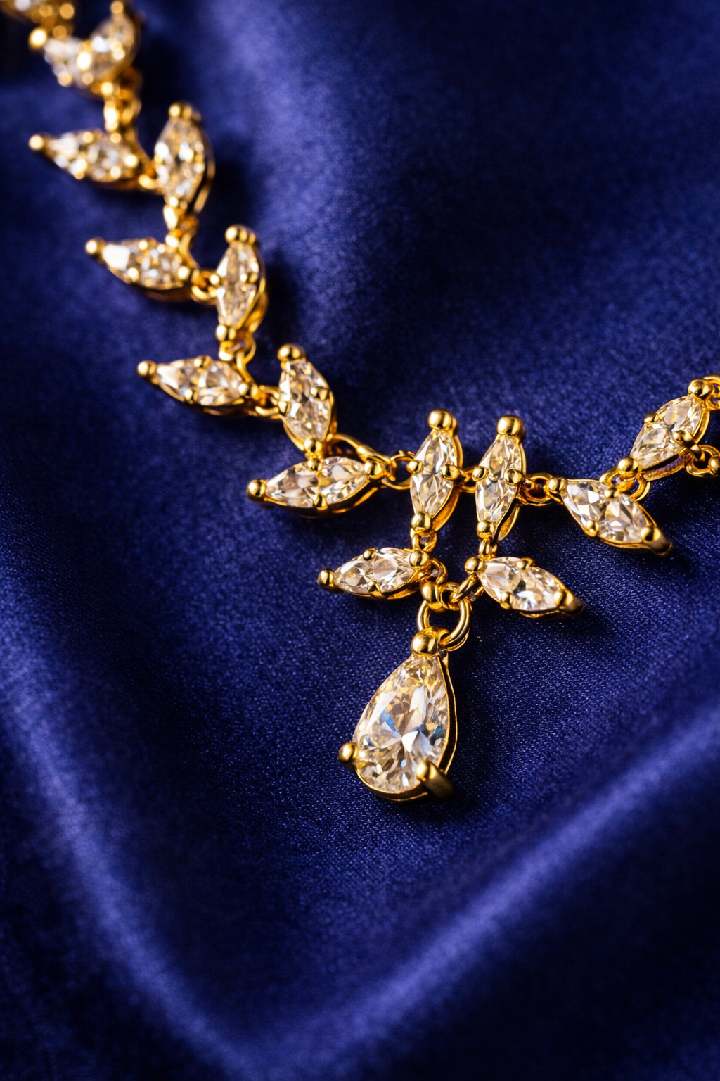 Gold Plated American Diamond Necklace Set with Leaf Vine Design