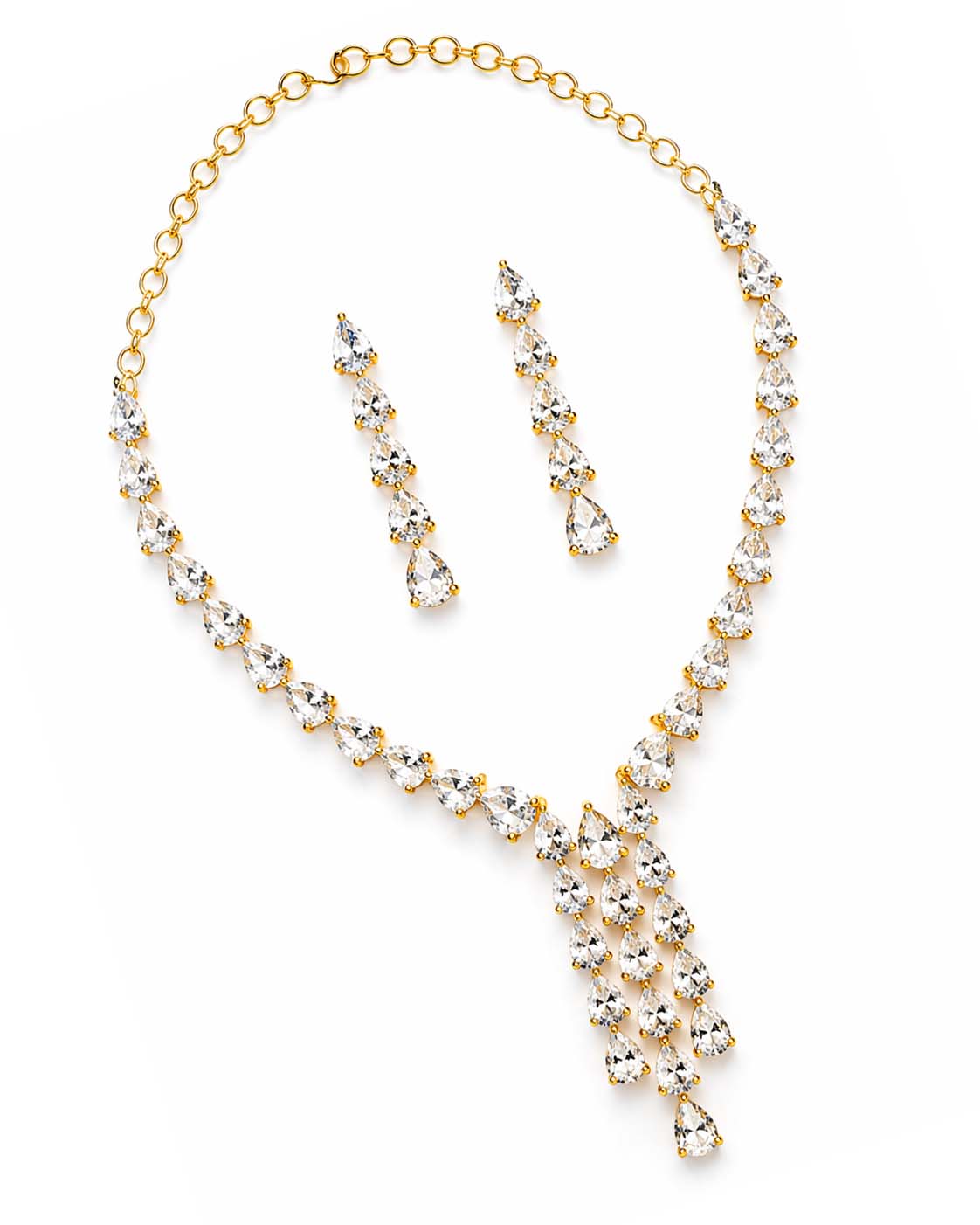 Gold Plated American Diamond Teardrop Cascade Design Necklace set
