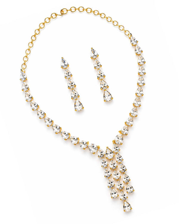 Gold Plated American Diamond Teardrop Cascade Design Necklace set