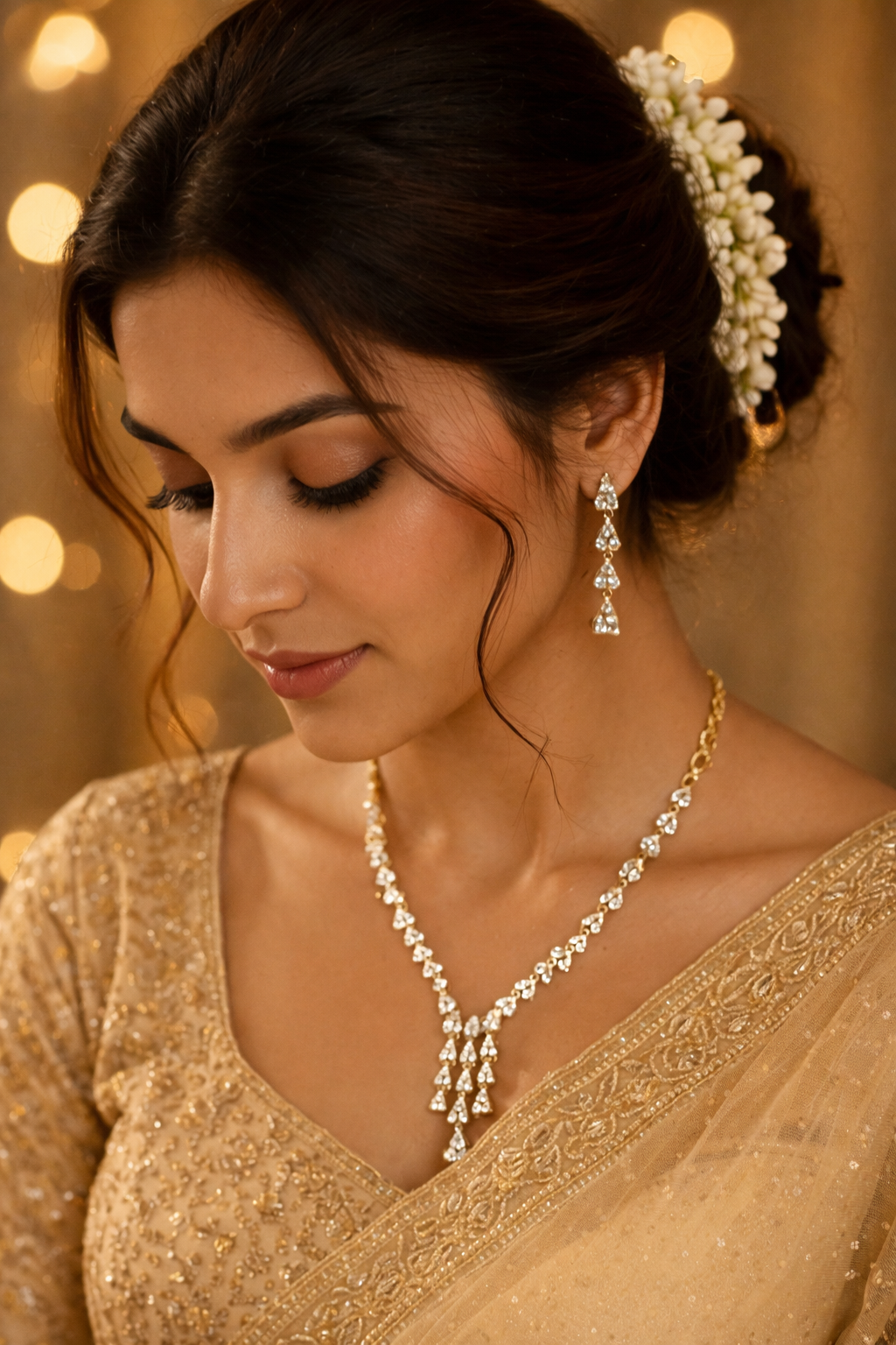 Gold Plated American Diamond Teardrop Cascade Design Necklace set