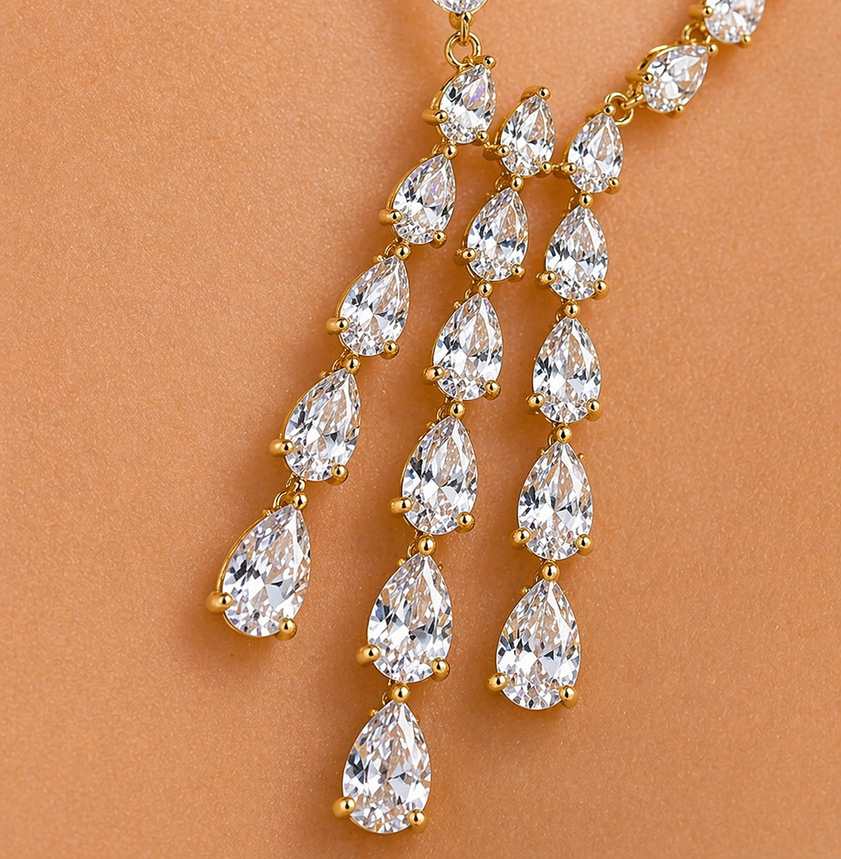 Gold Plated American Diamond Teardrop Cascade Design Necklace set