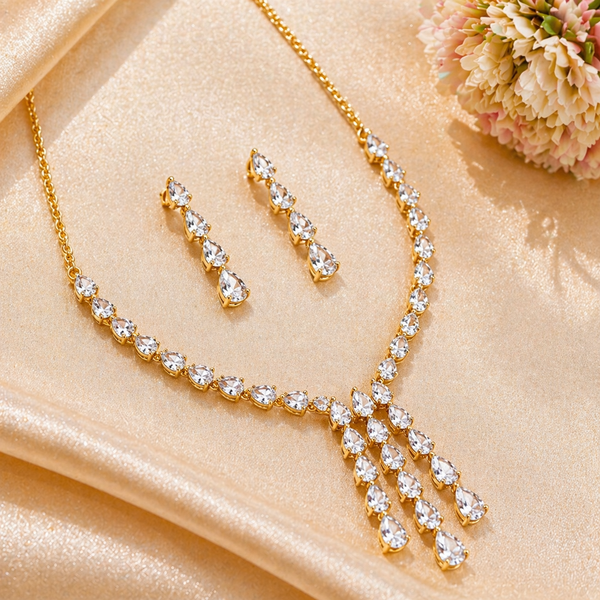 Gold Plated American Diamond Teardrop Cascade Design Necklace set