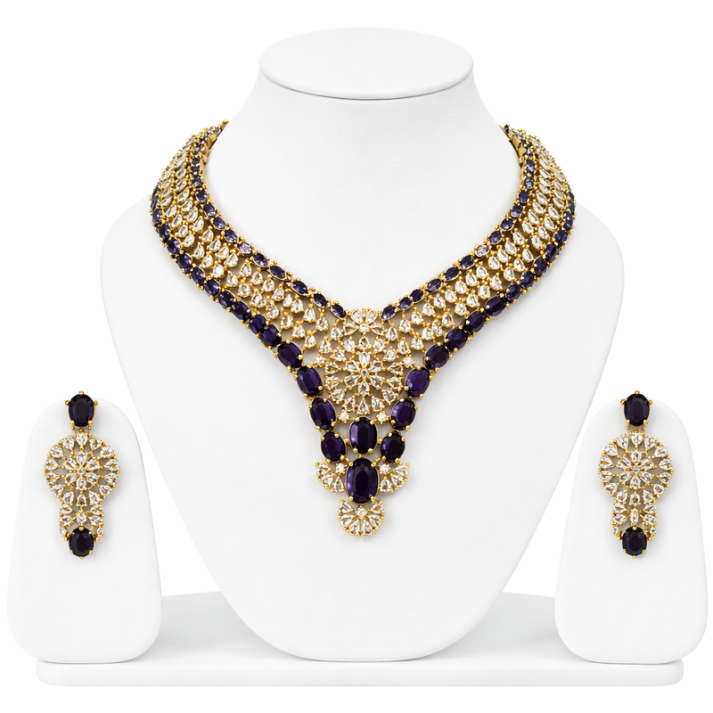 SOVAR American Diamond Blue Stone Necklace Set for Women | Luxury CZ Diamond Bridal Jewellery Set | Wedding & Reception Party Wear