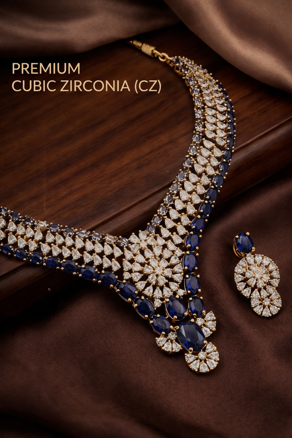 American Diamond Blue Stone Necklace Set