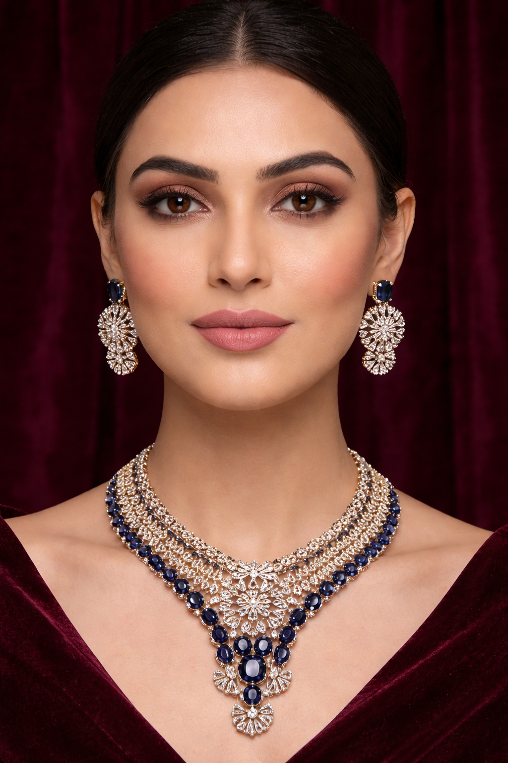 American Diamond Blue Stone Necklace Set