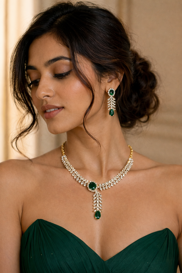 Emerald Green centerpiece with cascading leaf-inspired design AD Diamond Set