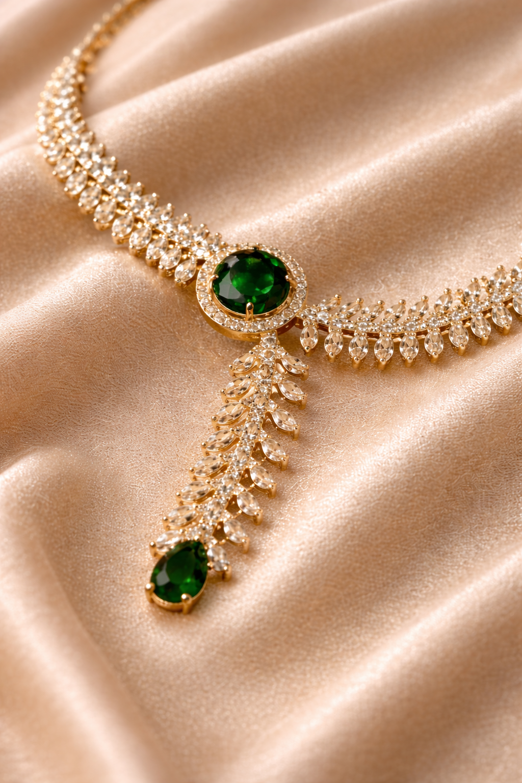 Emerald Green centerpiece with cascading leaf-inspired design AD Diamond Set