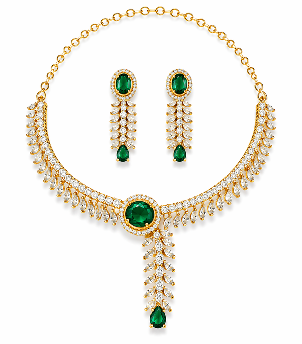 Emerald Green centerpiece with cascading leaf-inspired design AD Diamond Set