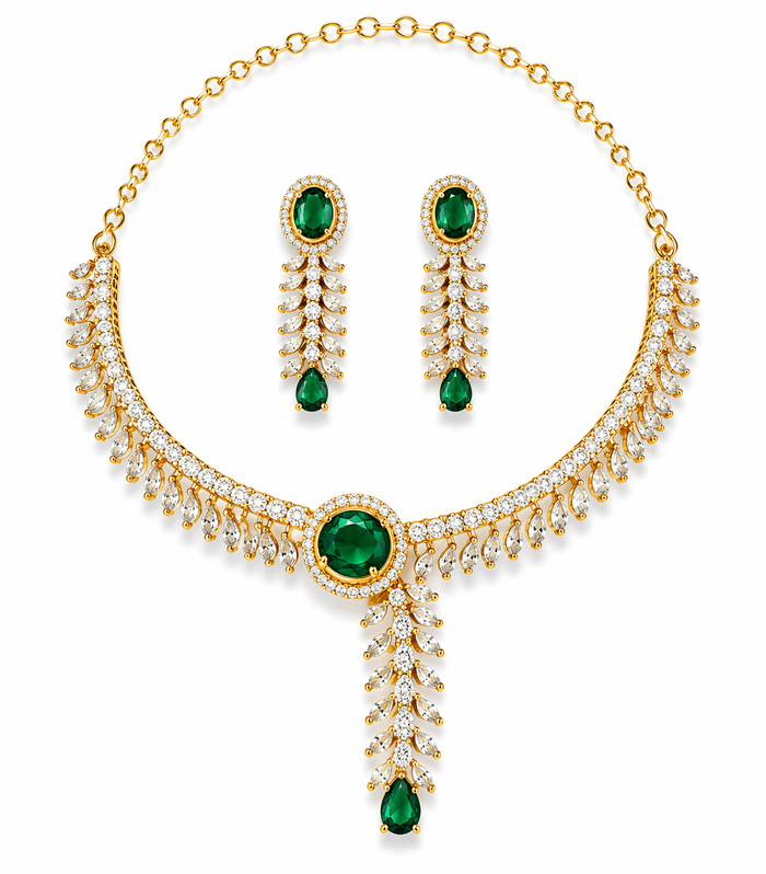 Emerald Green centerpiece with cascading leaf-inspired design AD Diamond Set
