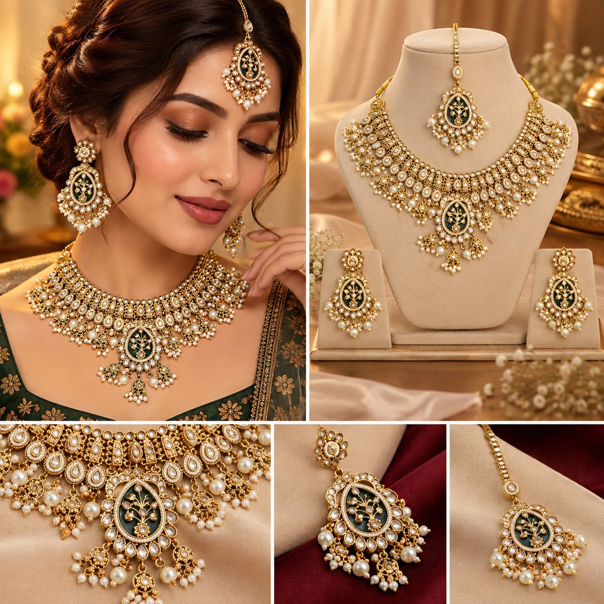 Collage showing a Kundan bridal set worn by a model, displayed on stands, and close-ups of its pendant, earring and maang tikka.