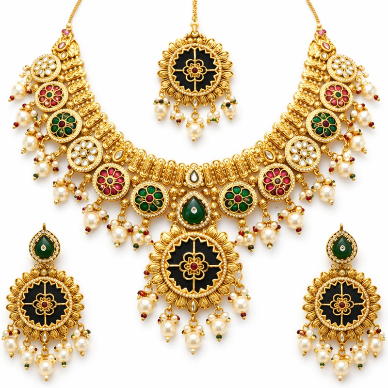 Gold Plated Black Enamel Floral Kundan Set