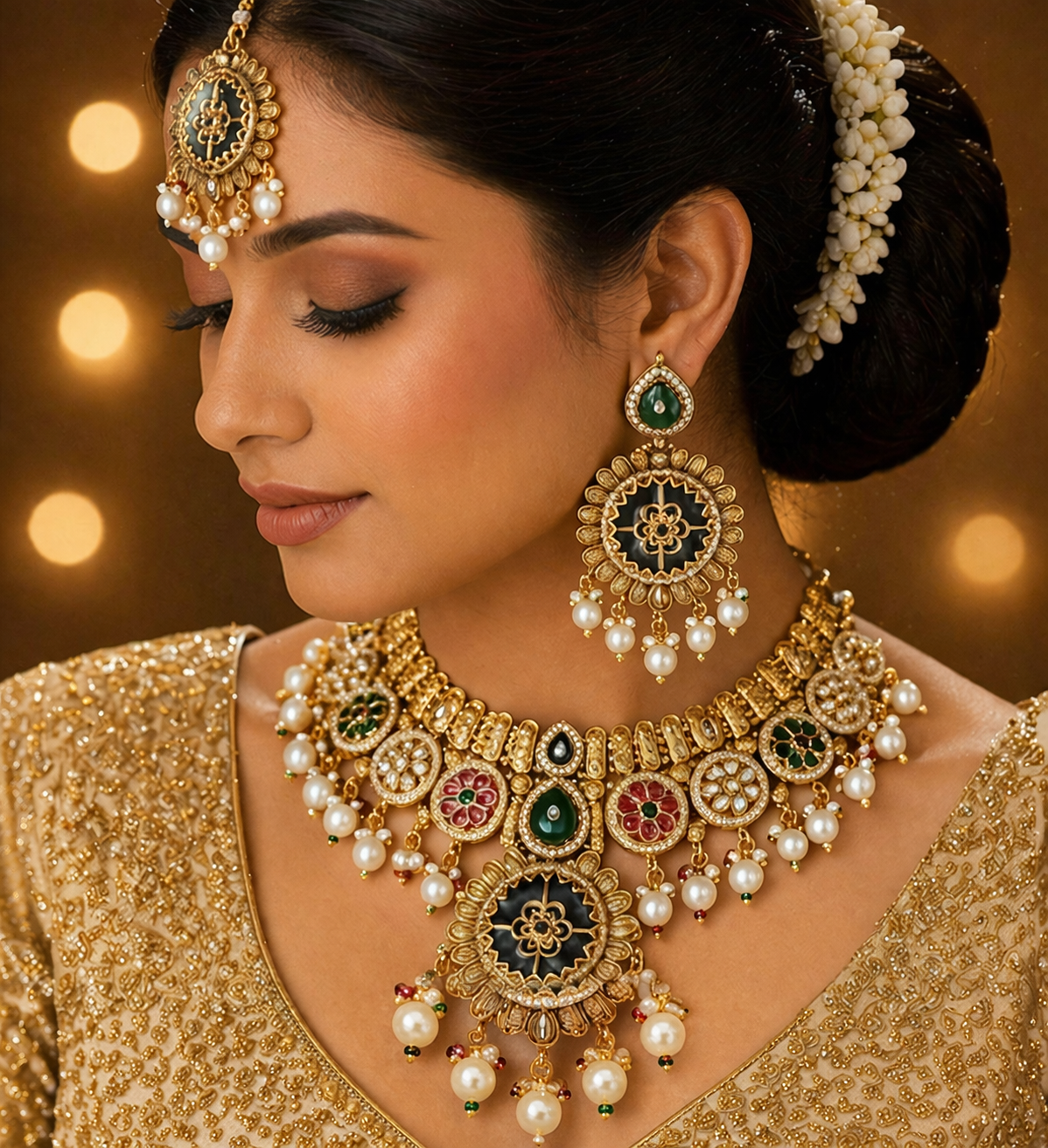 Gold Plated Black Enamel Floral Kundan Set