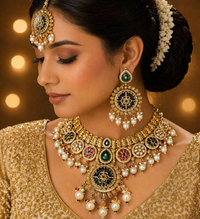 Gold Plated Black Enamel Floral Kundan Set