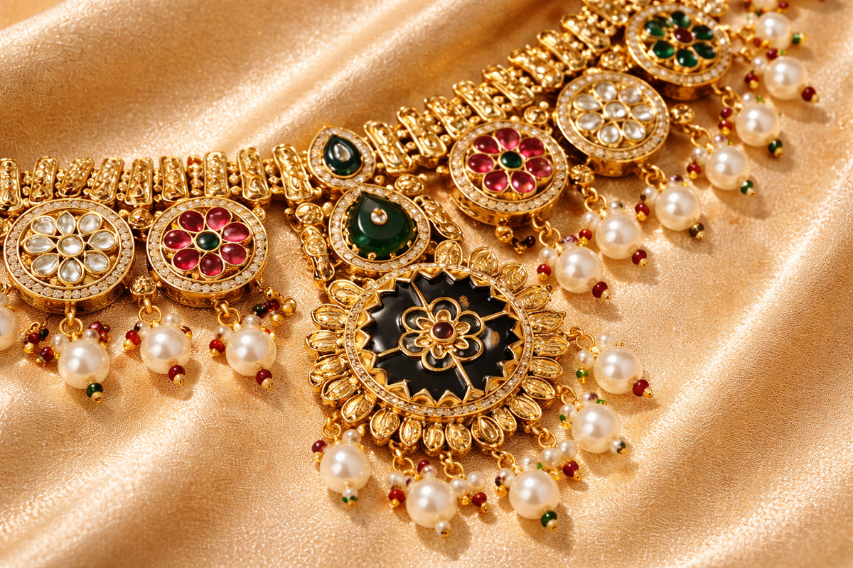 Gold Plated Black Enamel Floral Kundan Set