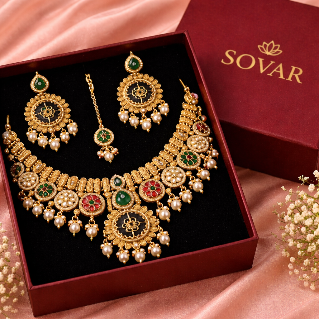Gold Plated Black Enamel Floral Kundan Set