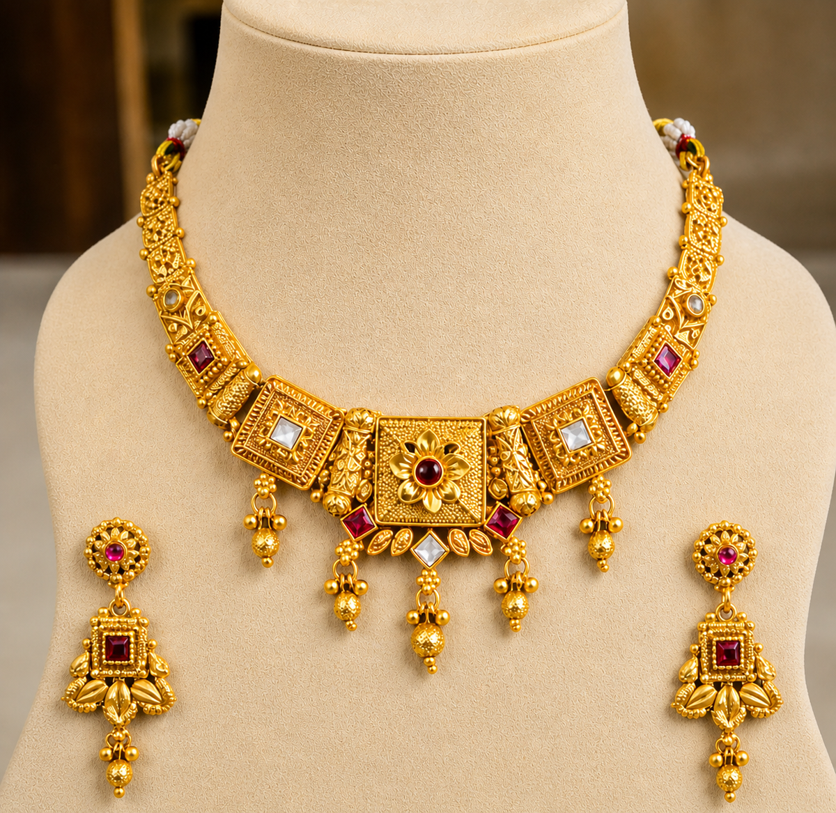 Traditional Antique Gold-Plated Temple Jewelry Set