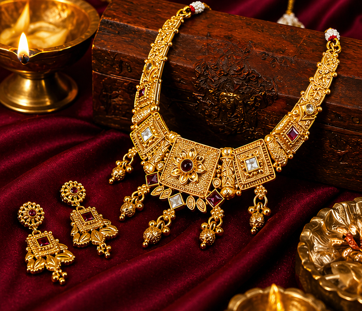 Traditional Antique Gold-Plated Temple Jewelry Set