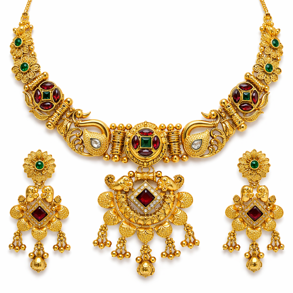 Premium Kundan Temple Necklace Set with Earrings | Gold-Plated Antique Finish | Red & Green Stone Bridal Jewellery | Wedding & Festive Wear