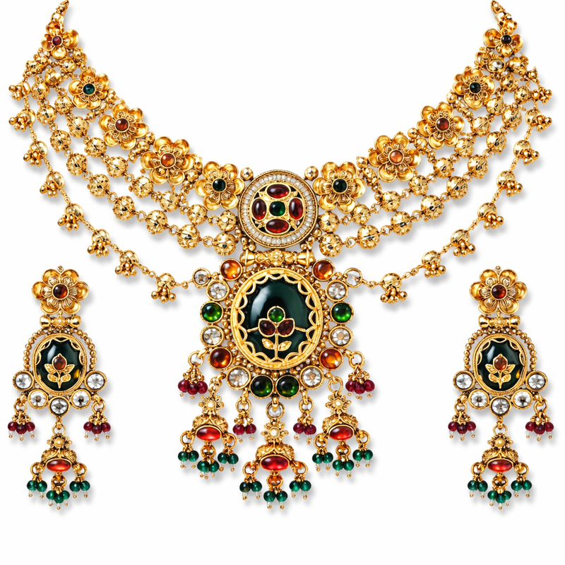 Royal Kundan Green & Red Necklace Set