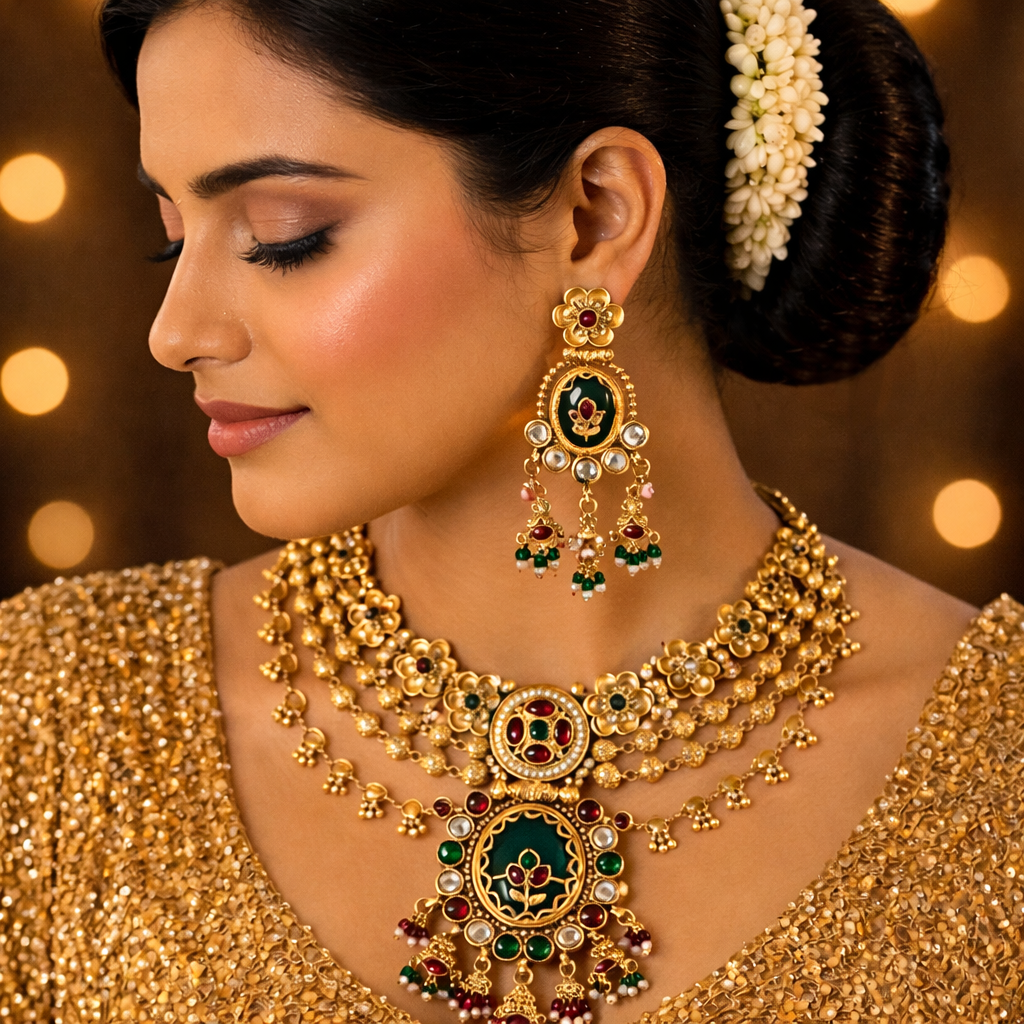 Royal Kundan Green & Red Necklace Set