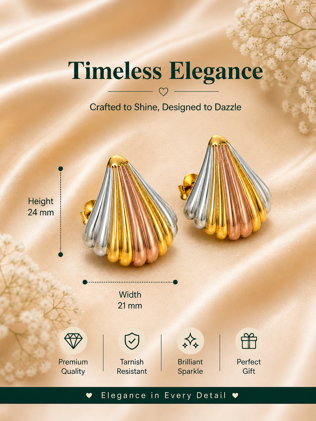 Anti Tarnish Tri-Tone Shell Stud Earrings
