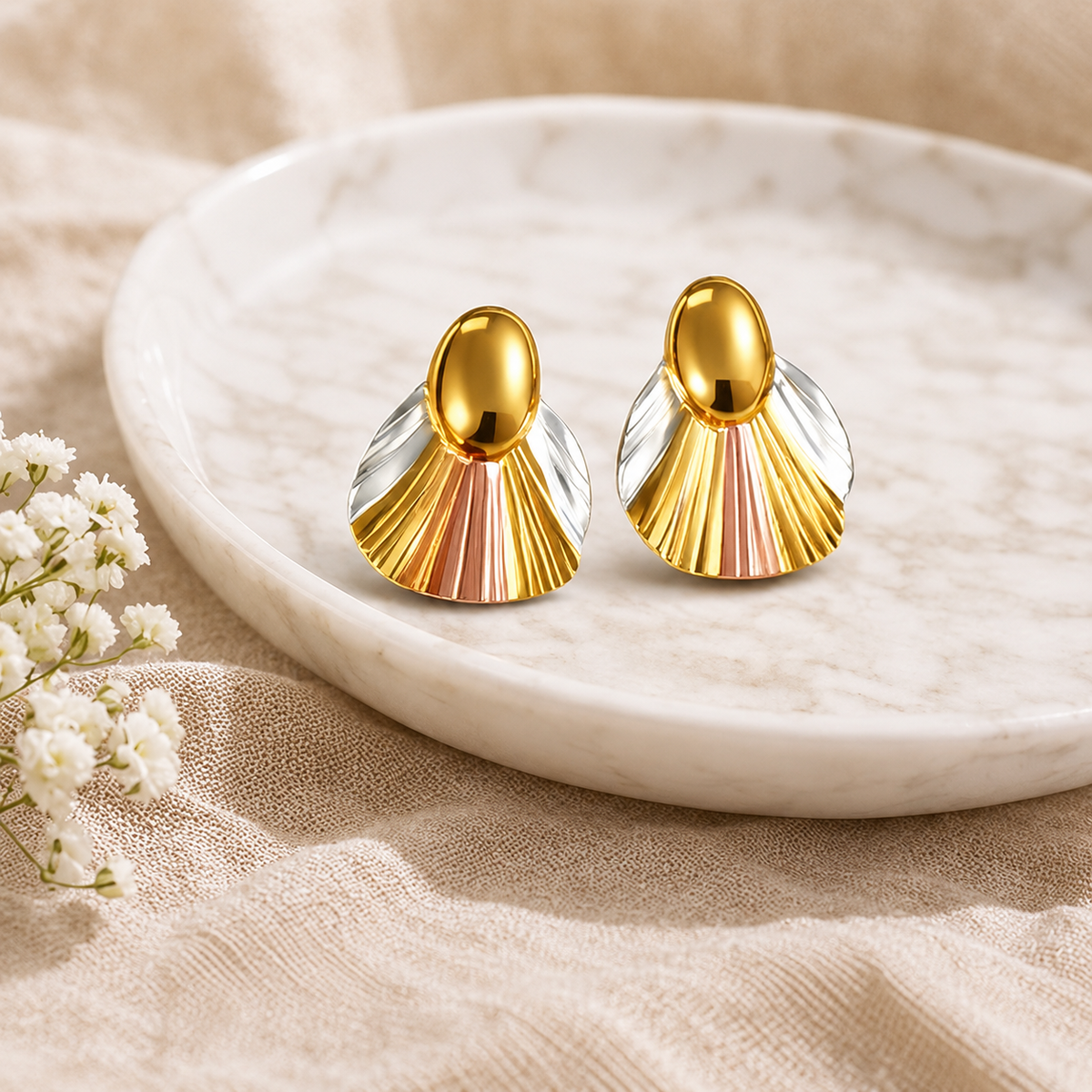 Anti Tarnish Tri-Tone Shell Stud Earrings