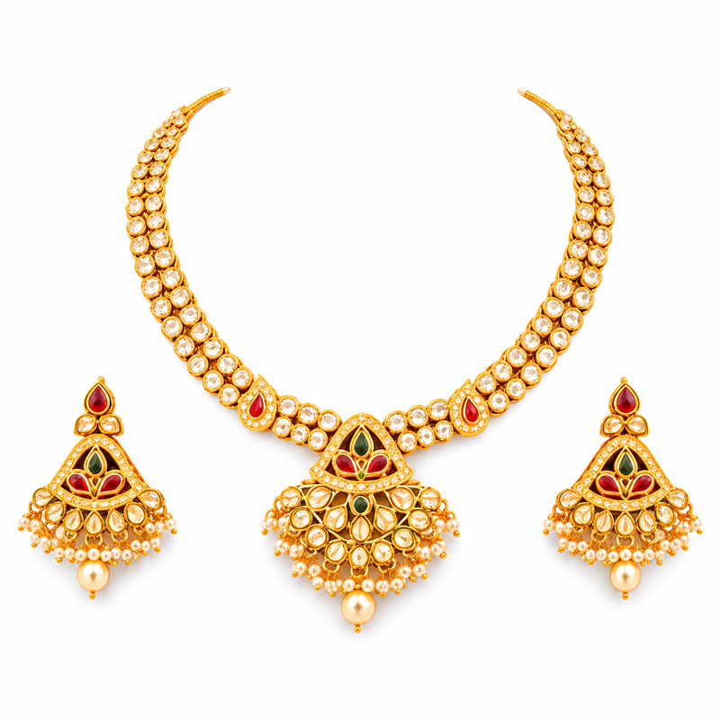 SOVAR Premium Kundan Necklace Set with Red & Green Stones