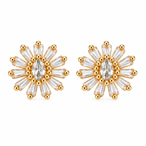 Gold Plated Sunburst Design CZ Diamond Earrings