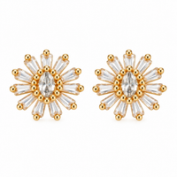 Gold-tone sunburst stud earrings with marquise-shaped clear centre stones surrounded by radiating tapered clear stones.