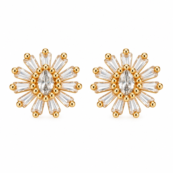 Gold Plated Sunburst Design CZ Diamond Earrings