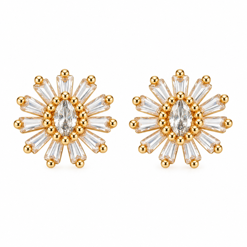 Gold Plated Sunburst Design CZ Diamond Earrings