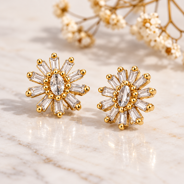 Gold Plated Sunburst Design CZ Diamond Earrings