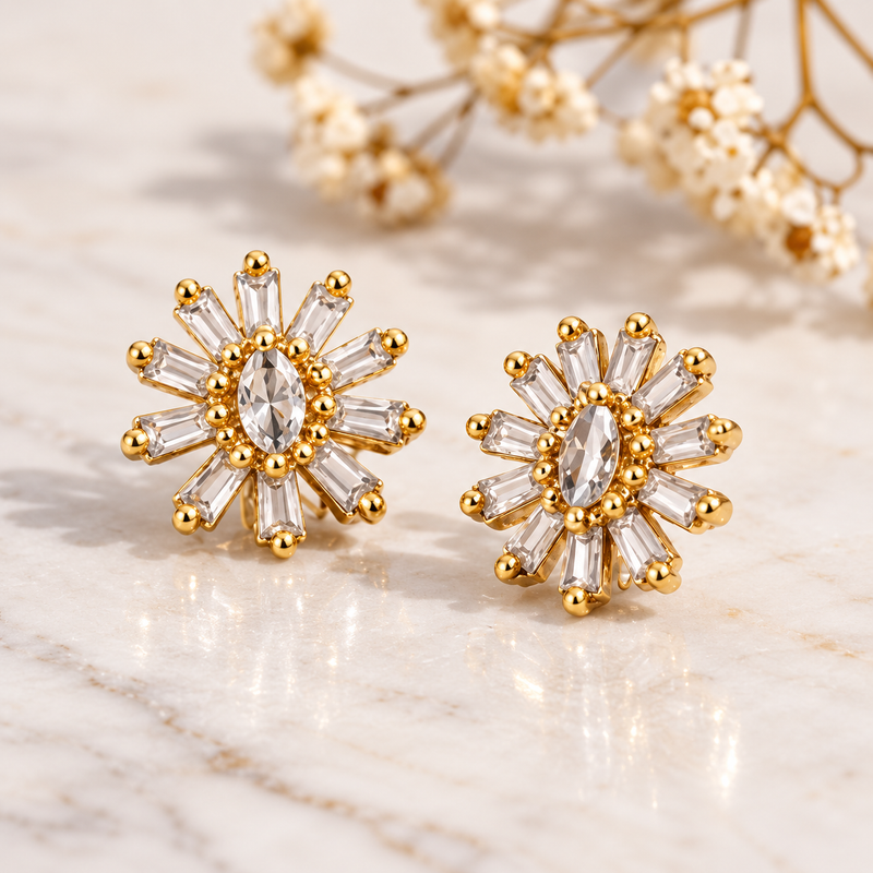 Gold Plated Sunburst Design CZ Diamond Earrings