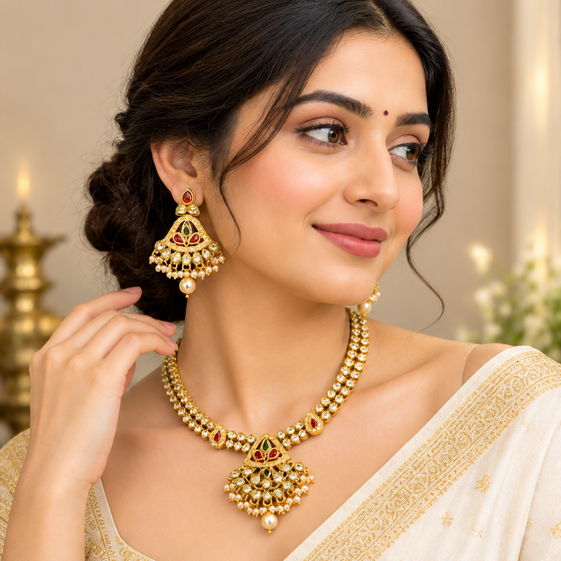 SOVAR Premium Kundan Necklace Set with Red & Green Stones