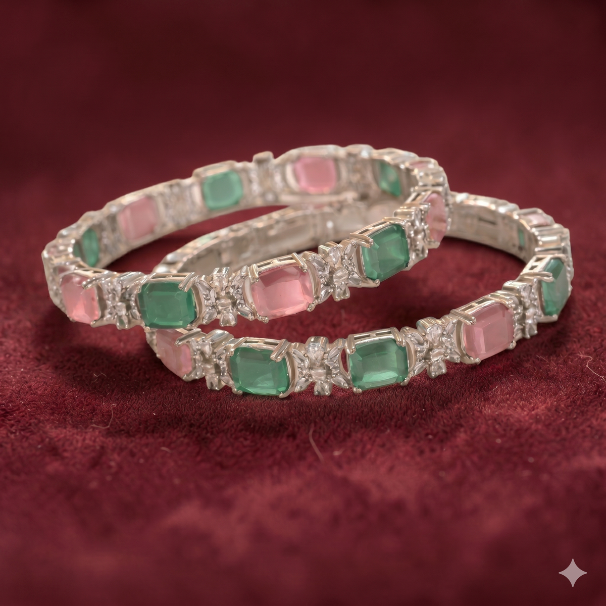 Silver Plated Emerald Pink Stone Studded Bangles ( Size 6 )