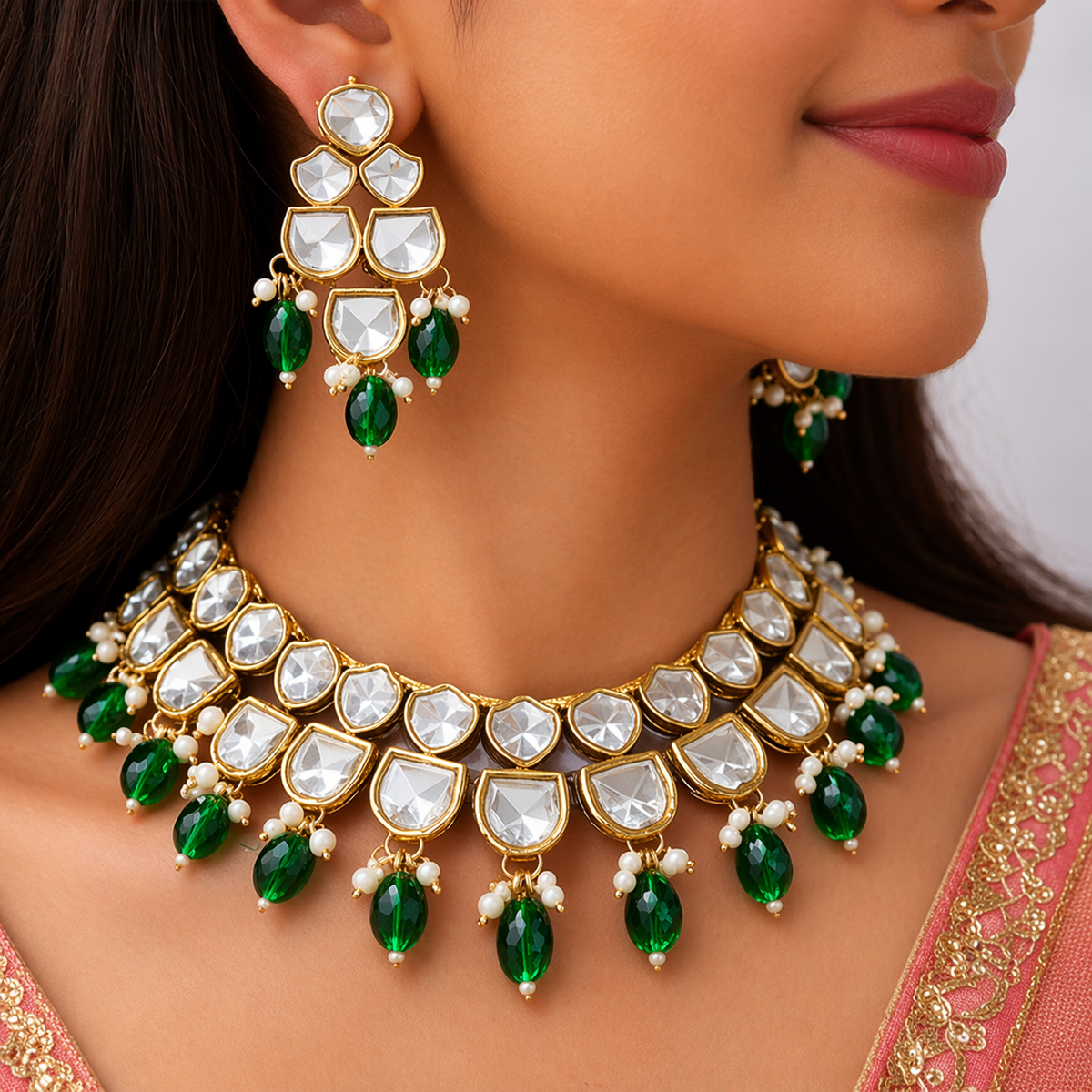 Gold-Plated Polki Kundan Necklace Set with Green Drops