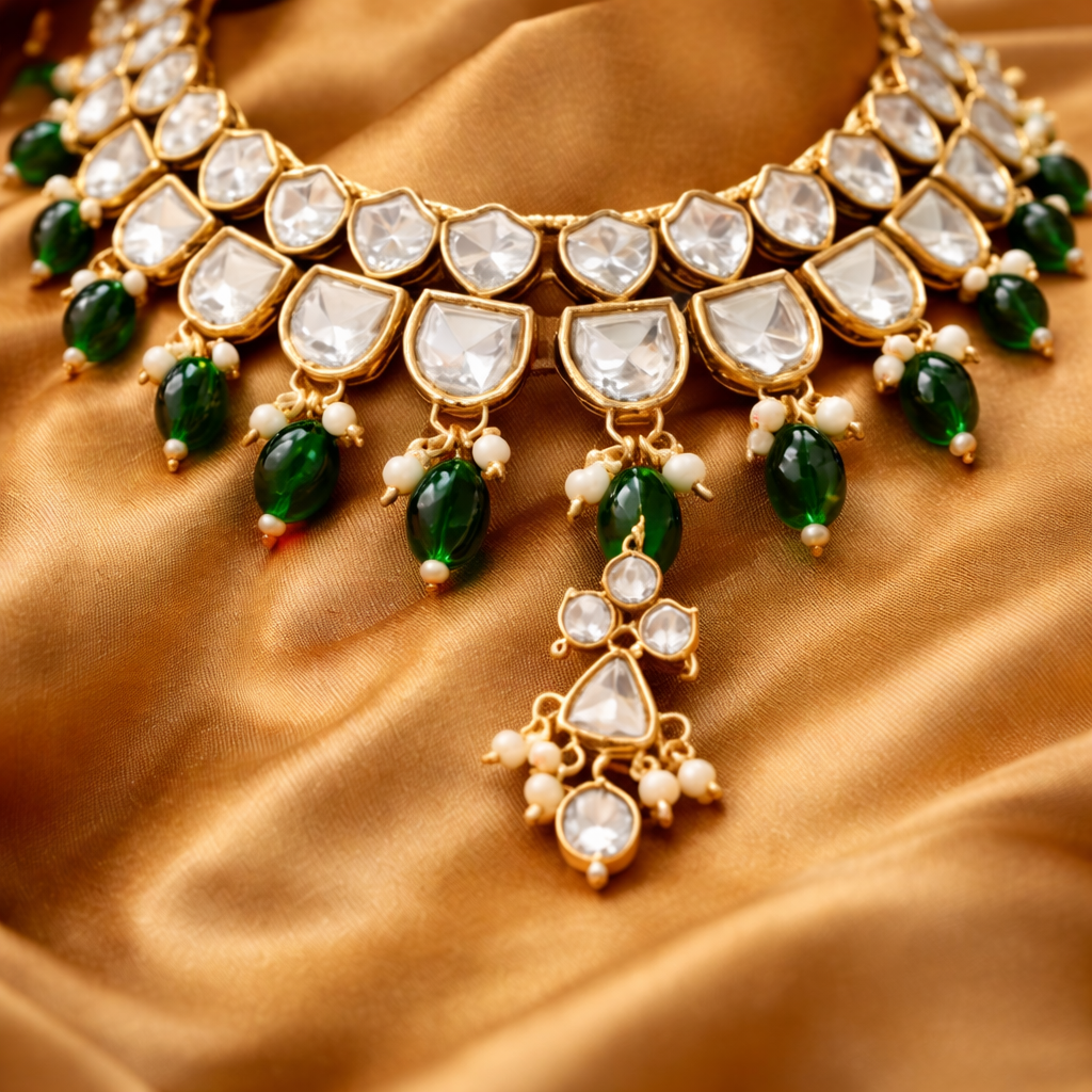 Gold-Plated Polki Kundan Necklace Set with Green Drops