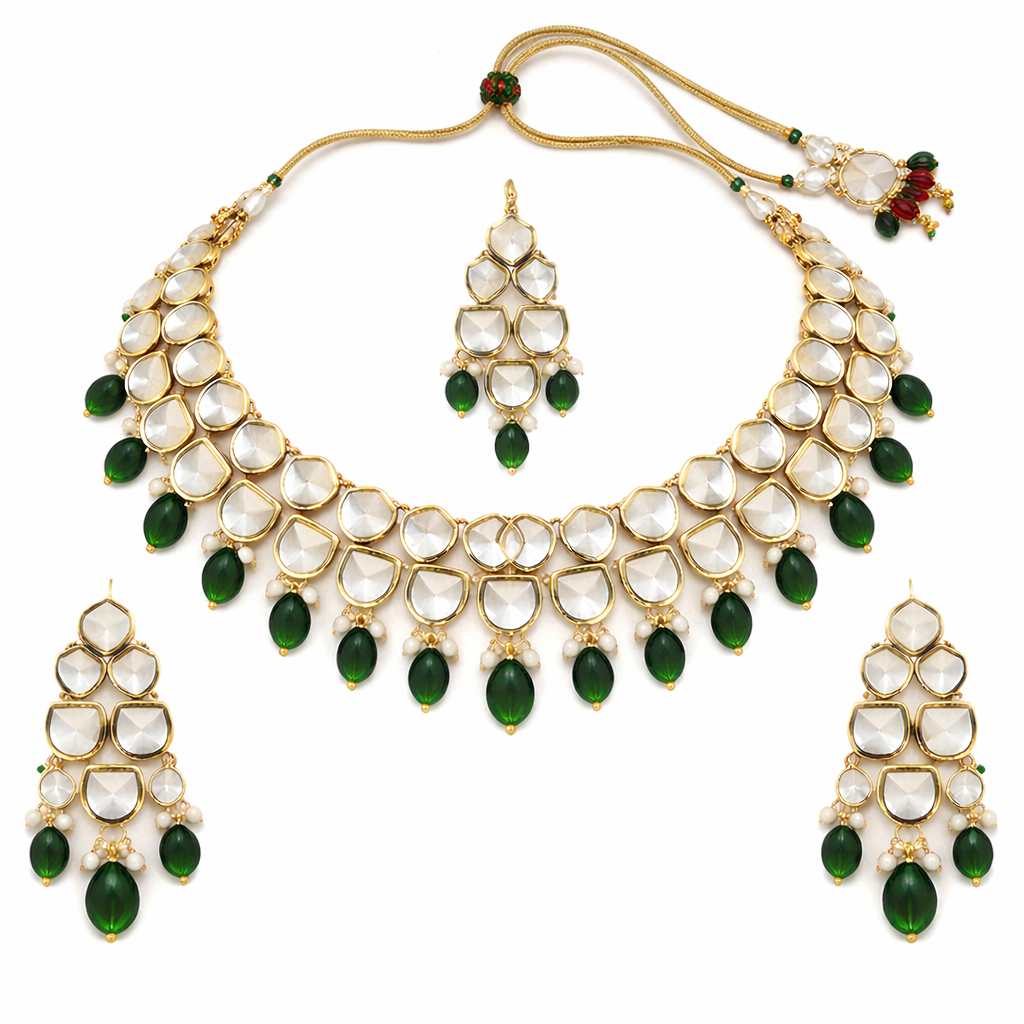 Polki-Style Gold Plated Kundan Necklace Set with Green Drops