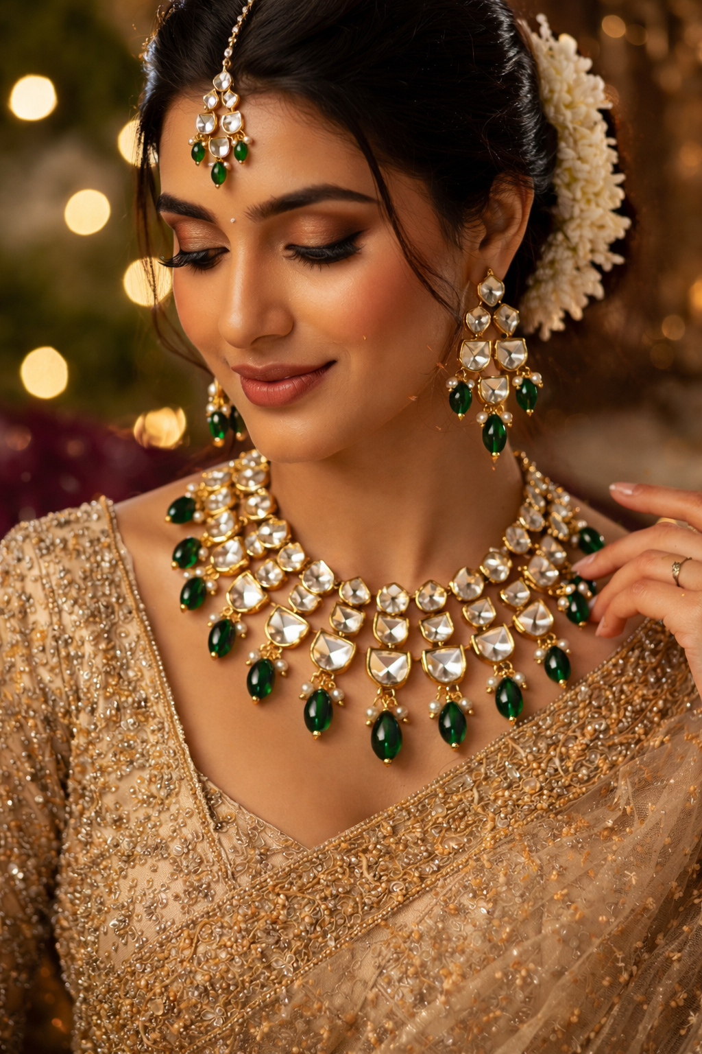 Gold-Plated Polki Kundan Necklace Set with Green Drops