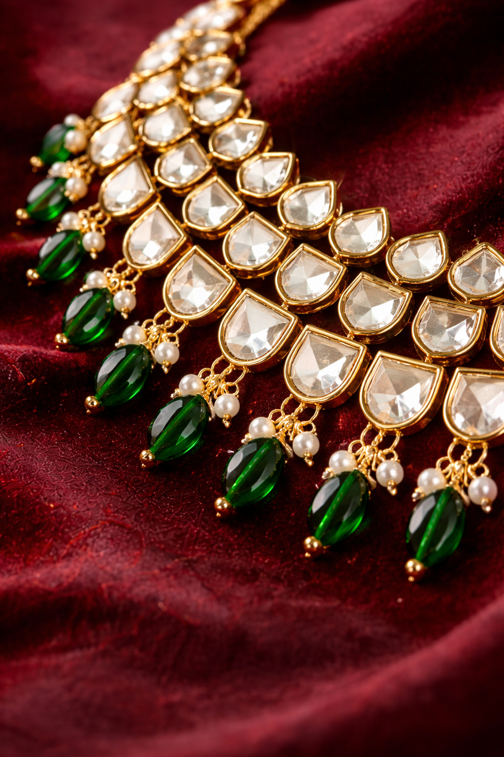 Gold-Plated Polki Kundan Necklace Set with Green Drops