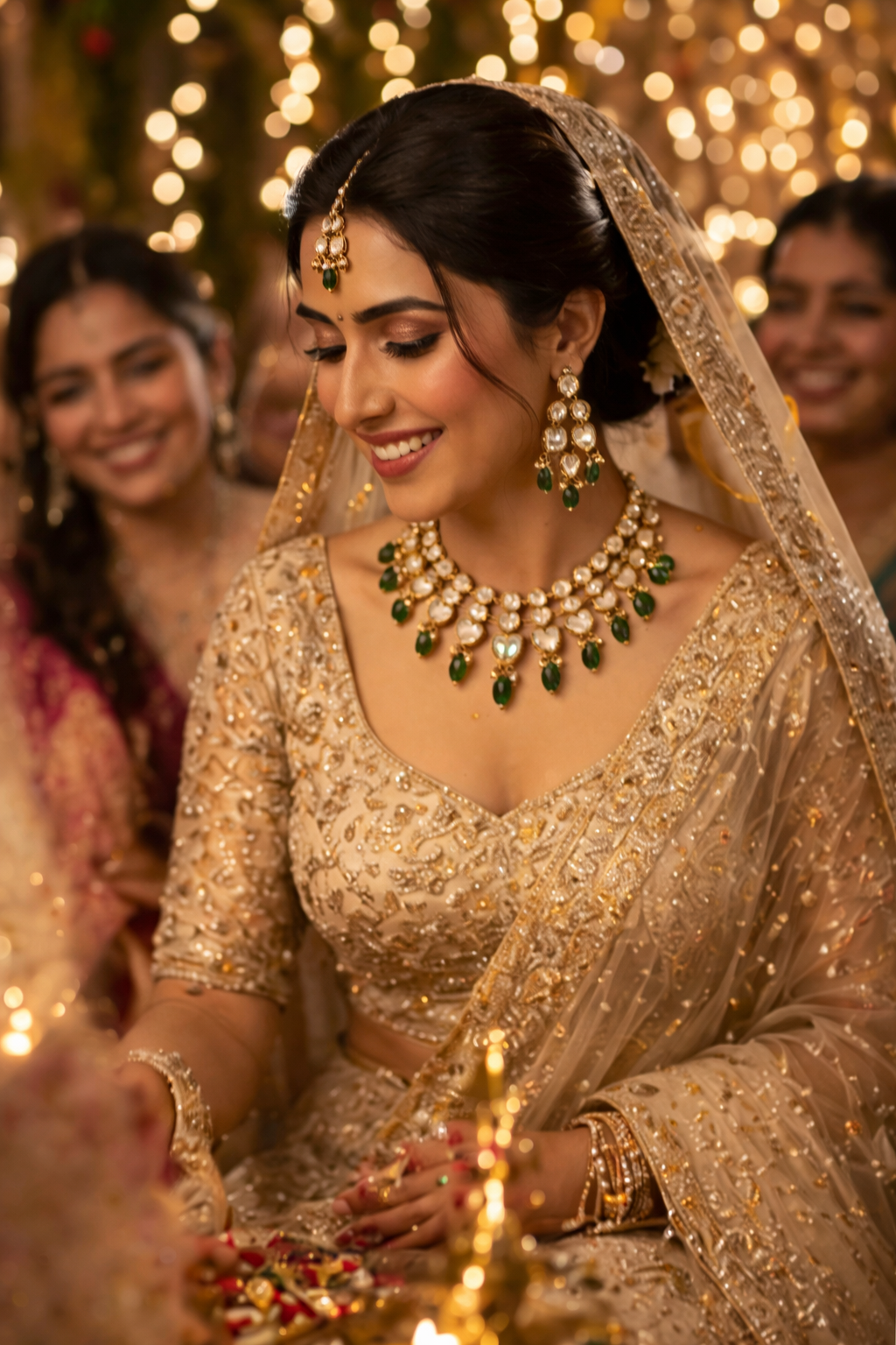 Gold-Plated Polki Kundan Necklace Set with Green Drops