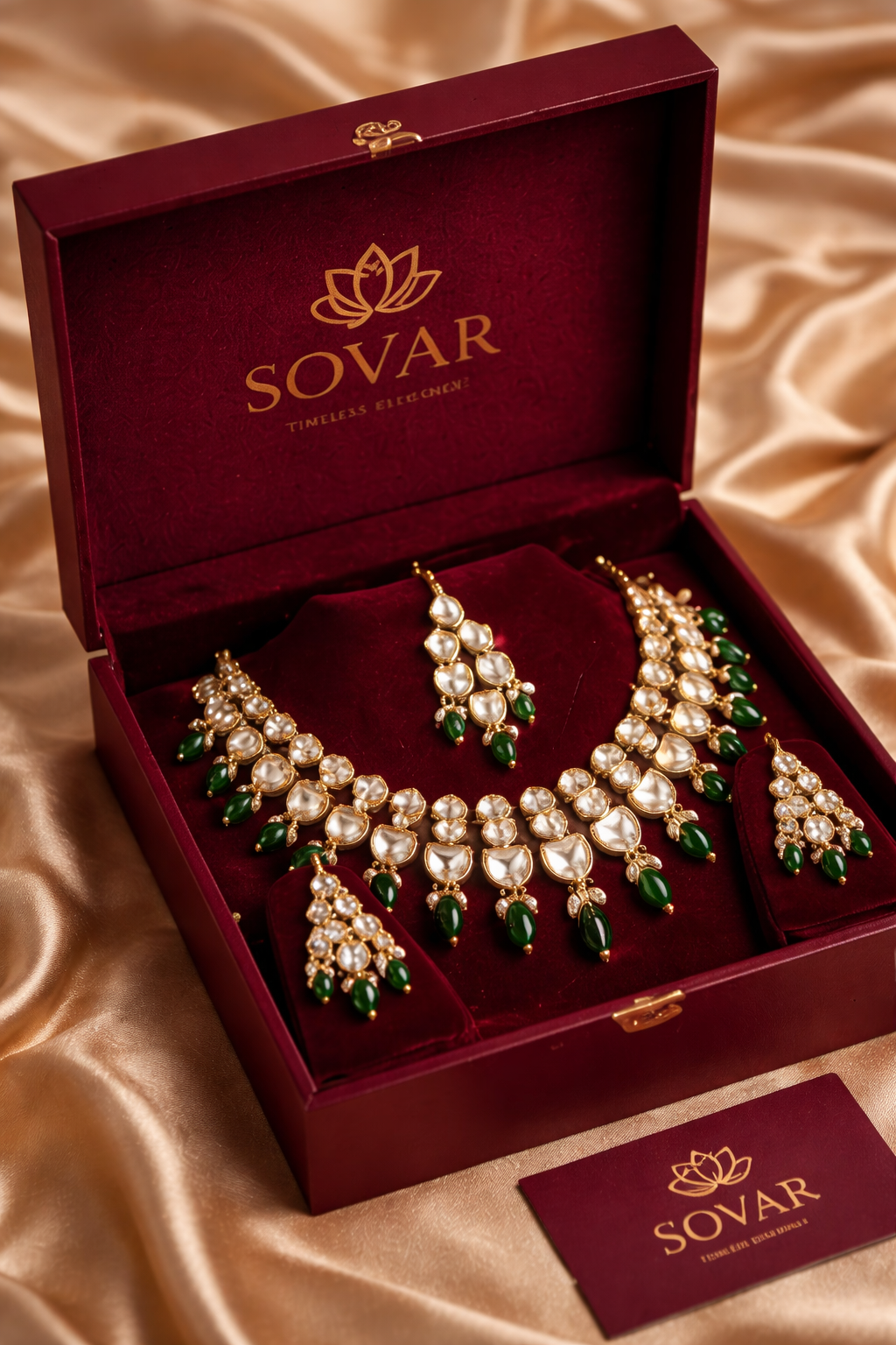 Gold-Plated Polki Kundan Necklace Set with Green Drops