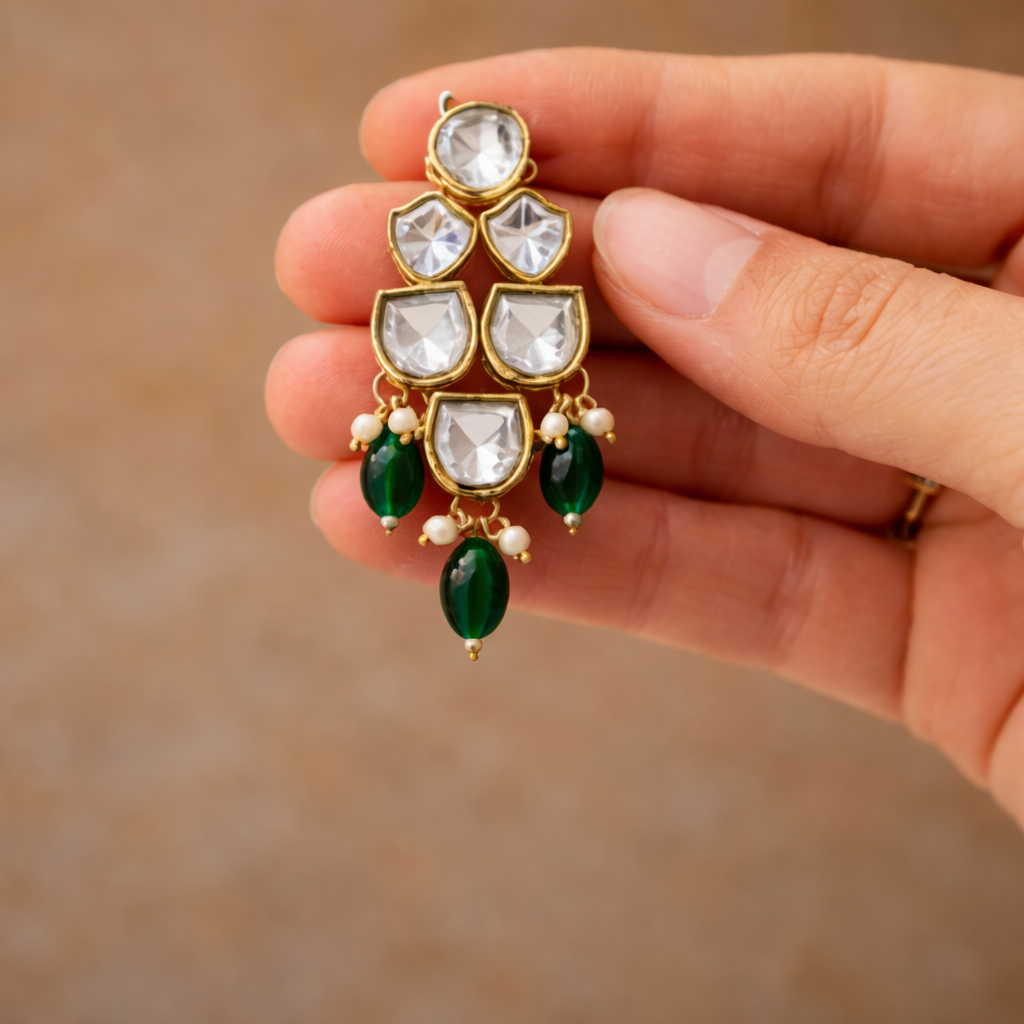 Gold-Plated Polki Kundan Necklace Set with Green Drops