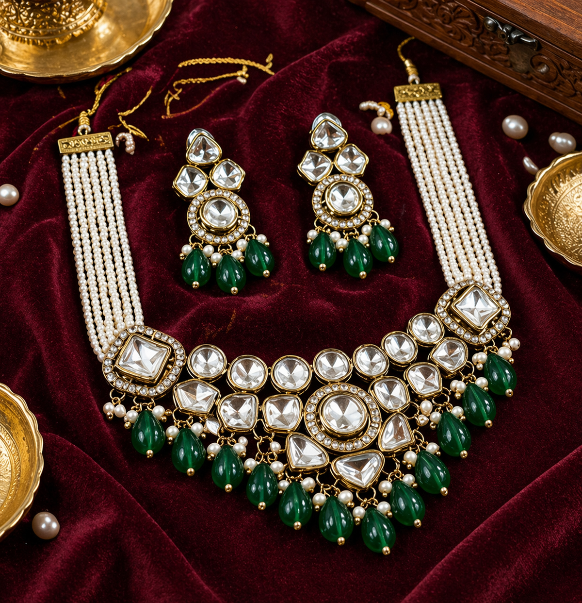 Gold-Tone Kundan Choker Necklace & Earrings Set
