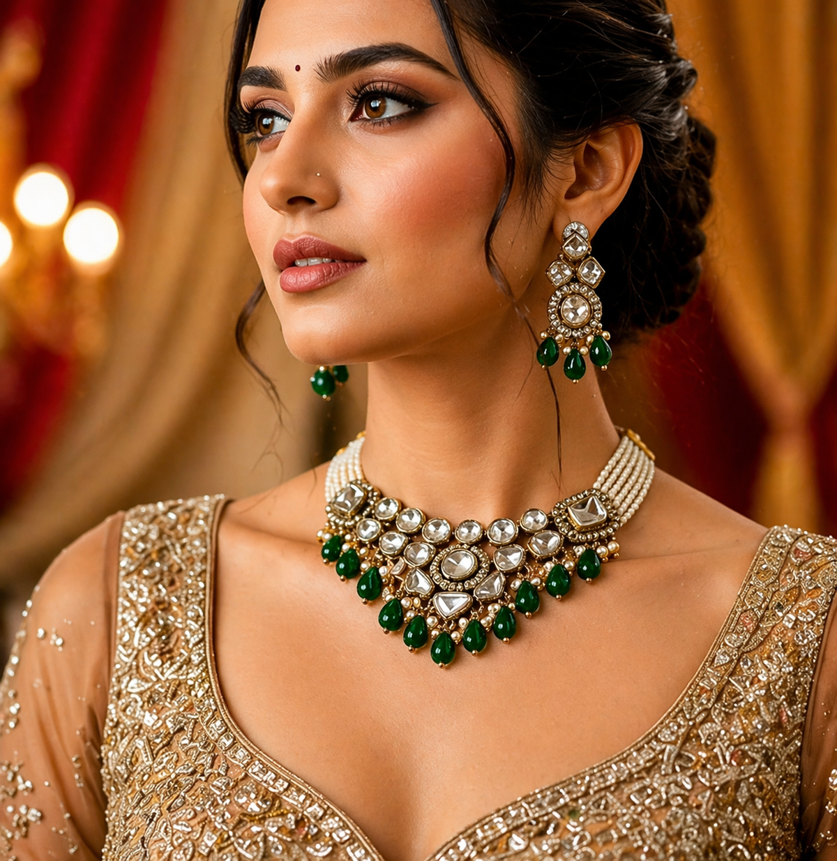 Gold-Tone Kundan Choker Necklace & Earrings Set