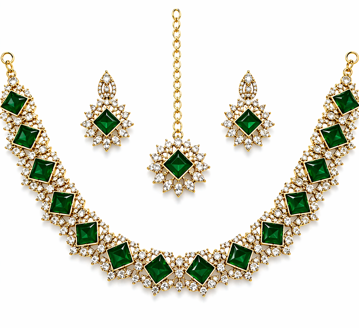 Emerald Green Gold Plated Polki Style Jewelry Set