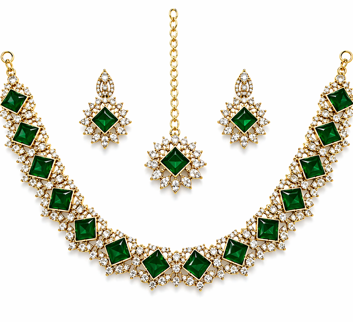 Emerald Green Gold Plated Polki Style Jewelry Set