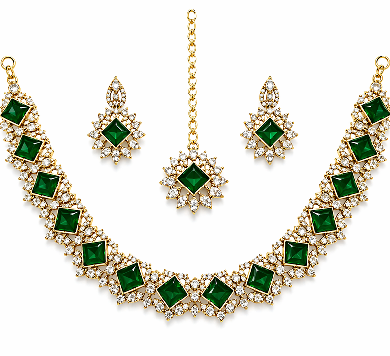 Emerald Green Gold Plated Polki Style Jewelry Set