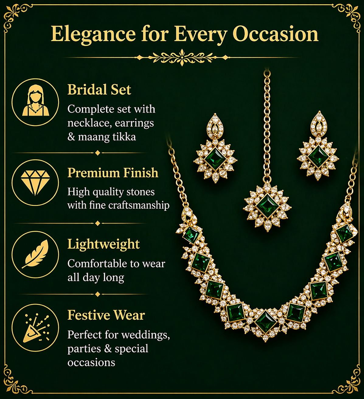 Emerald Green Gold Plated Polki Style Jewelry Set