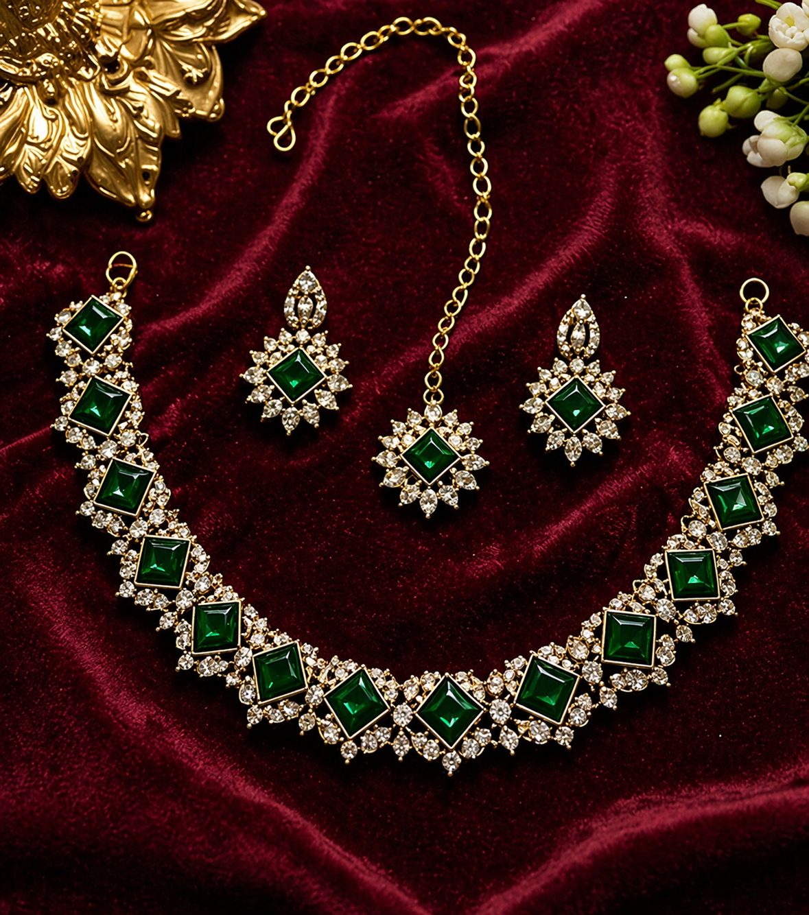 Emerald Green Gold Plated Polki Style Jewelry Set